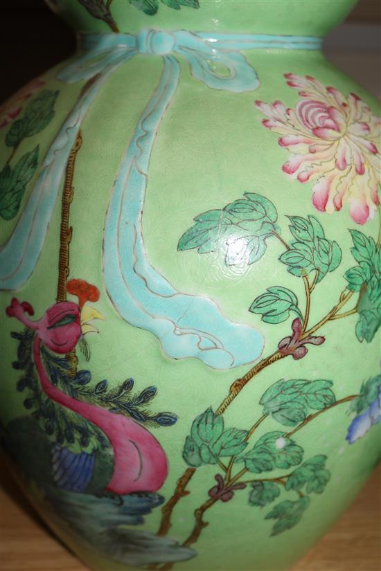 A large 19th century Chinese green ground double gourd phoenix vase, H 57.5cm (restored)